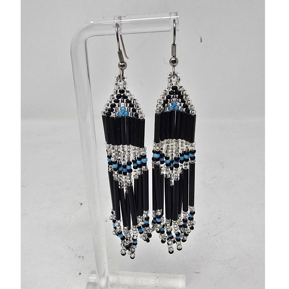 Beaded fringe dangle earrings women OS black blue boho native style whimsical